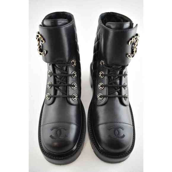 Chanel 21A Black Quilted Gold CC Chain Combat Lace Up Tie Ankle Short Boots 41 - Picture 7 of 12